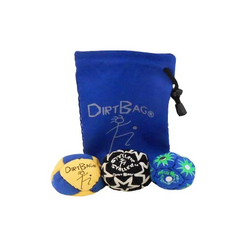 DIRTBAG All Star Footbag Hacky Sack 3 Pack with Pouch, 100% Handmade, Premium Quality, Bright Vivid Colors, Signature Carry Bag - Yellow/Blue