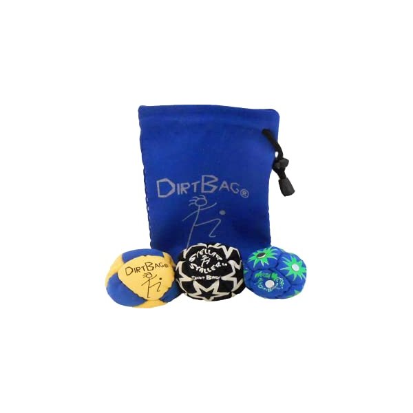 DIRTBAG All Star Footbag Hacky Sack 3 Pack with Pouch, 100% Handmade, Premium Quality, Bright Vivid Colors, Signature Carry Bag - Yellow/Blue