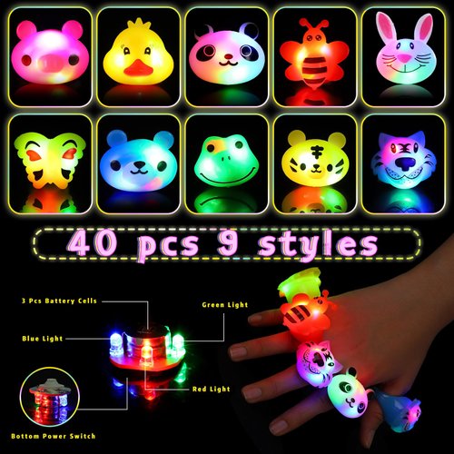 SCIONE 40 Pack Light up Rings Birthday Party Favors for Kids, Goodie Bag Stuffers Glow in the Dark Halloween Party Supplies, Classroom Prizes Cute Animal Treasure Box for Kids