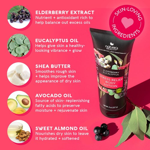 Nature's Beauty Elderberry Eucalyptus Stress Relief Body Lotion Multi-Pack - Lightweight, Non-Greasy Restore Moisturizer, Made w/Shea Butter, Avocado Oil and Sweet Almond Oil, 8 oz (2 Pack)