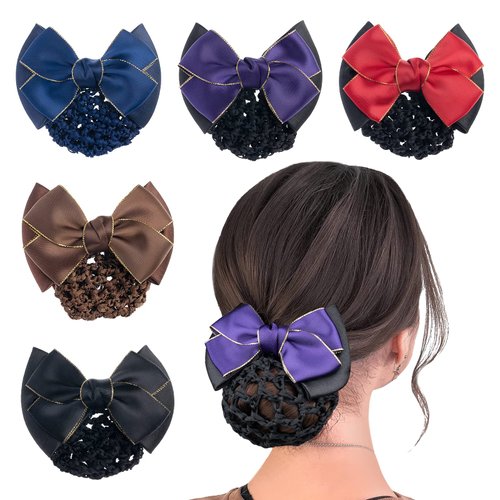 TXIN 5 Pieces Women Hair Snood Net Golden Edge Bowknot Decor Barrette Elastic Mesh Hair Bun Cover Satin Bow Hairnet Professional Hair Clip Hairpin for Women Girls Hair Styling Accessories, 5 Colors