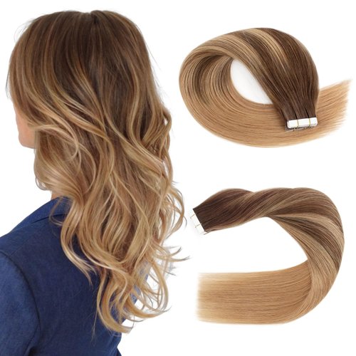 Sassina Tape in Human Hair Extensions Balayage Chocolate Brown to Strawberry Blonde Natural Strai...