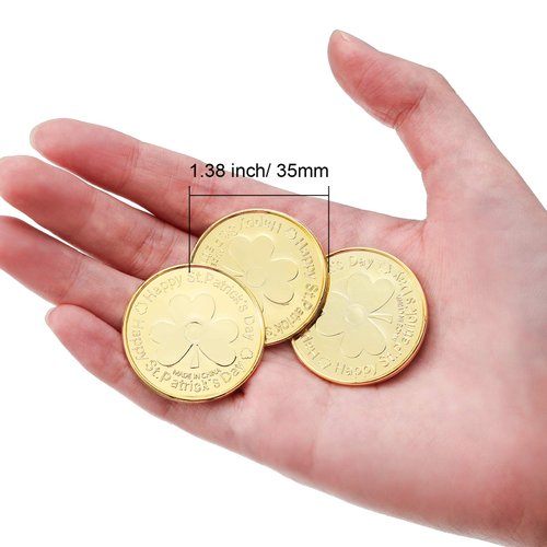240 Pieces St. Patrick's Day Shamrock Coins Saint Patty's Day Plastic Lucky Clover Coins Shamrock Luck Coins Table Sprinkles for Party Supplies (Gold)