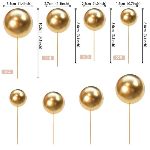 24 PCS Balls Cake Toppers Ball Cake Picks Ball Shaped Cupcake Toppers Foam Balls Cake Topper Insert Mini Balloons Cake Decorations for Wedding Anniversary Baby Shower Birthday Party Supplies Gold