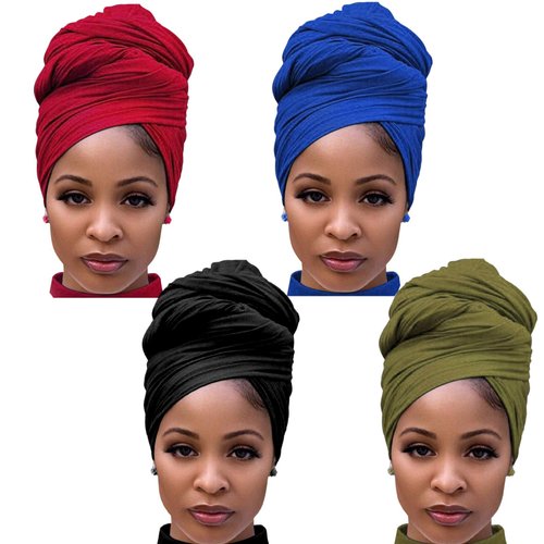 4 Packs Stretch Jersey Turban Heads Wrap African Head Wrap for Women Head Scarf Soft Headband Long Hair Scarf