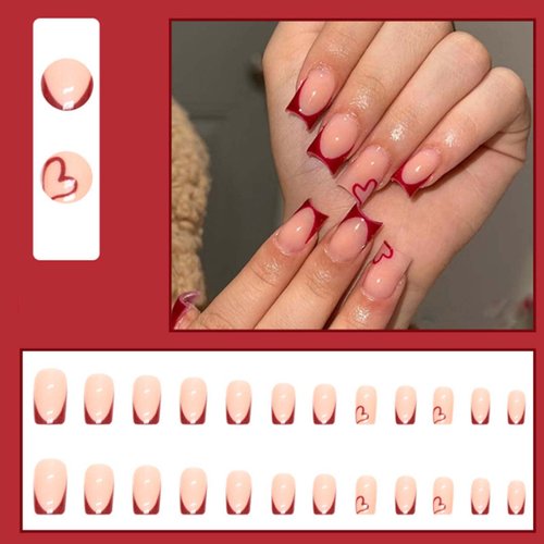 YoYoee Short Square False Nails French Press on Nails Red Fake Nails Acrylic Cute Nails Tips for Women and Girls 24PCS