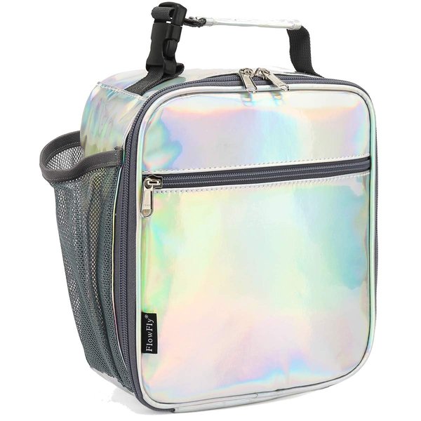 FlowFly Kids Lunch box Insulated Soft Bag Mini Cooler Back to School Thermal Meal Tote Kit for Girls, Boys(Holographic)