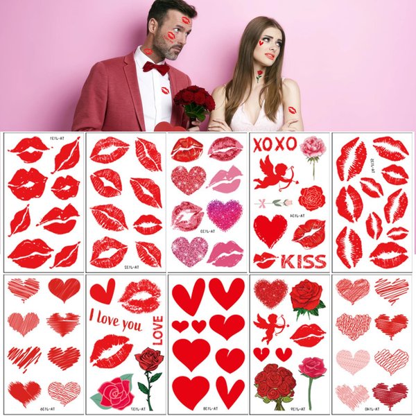 83Pcs Valentine's Day Lips Kiss Heart Temporary Tattoo Stickers Red Love Rose Waterproof Fake Tattoo Decals for Women Girls Man Valentines Face Stickers Themed Decorations Supplies