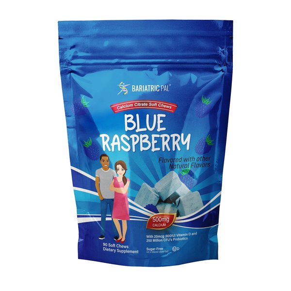 BariatricPal Sugar-Free Calcium Citrate Soft Chews 500mg with Probiotics (90 Count) - Blue Raspberry