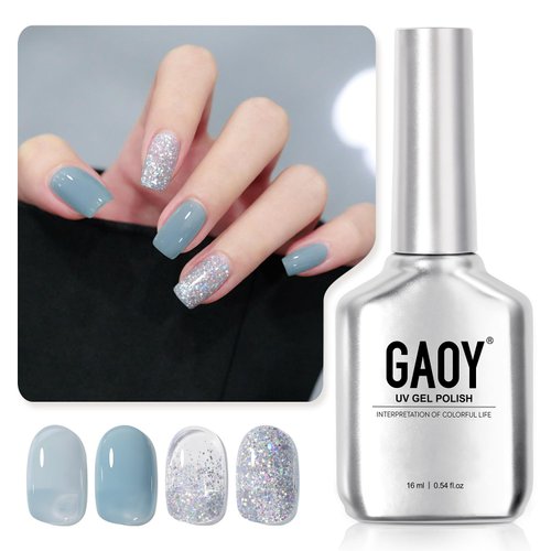 GAOY Jelly Blue Gel Nail Polish, 16ml 2 Colors 1669 1350 Glitter Soak Off UV Gel Polish Set for N...