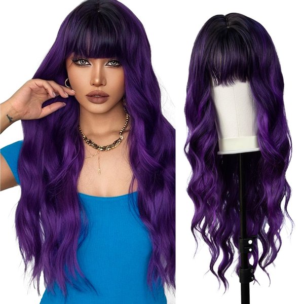 Qingchuang Purple Wig with Bangs for Women, 26 inch Long Wavy Ombre Purple Wig with bangs, Body wavy Wavy Synthetic Wigs for Girls Daily Party Use
