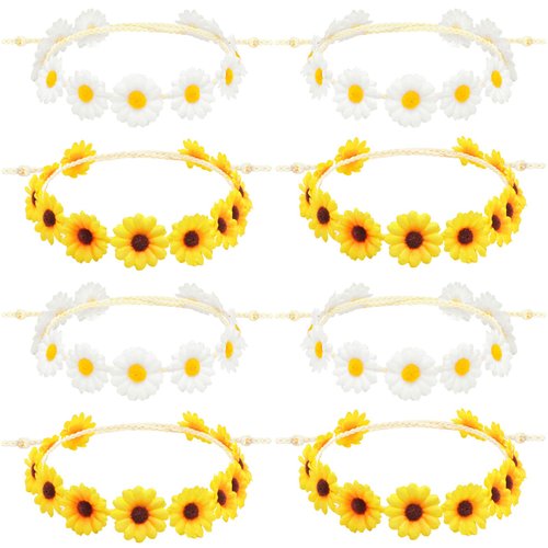 8 Pieces Sunflower Crown Hair Wreath Daisy Flower Headbands Hippie Headbands Adjustable Floral Bridal Headpiece for Hippie Party Wedding Festivals Photo Props (White, Yellow)