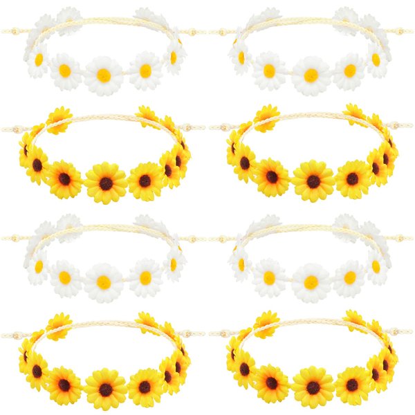 8 Pieces Sunflower Crown Hair Wreath Daisy Flower Headbands Hippie Headbands Adjustable Floral Bridal Headpiece for Hippie Party Wedding Festivals Photo Props (White, Yellow)
