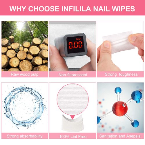 NXJ INFILILA Lint Free Nail Wipes 600PCS Absorbant No Lint Nail Wipes For Gel Nail Natural Wood Pulp Nail Polish Remover Pads for Professional Soak Off Gel Nail Polish remover & UN-DRY Gel Polish