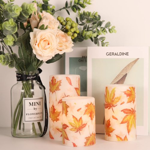 GenSwin Maple Leaf Flickering Flameless Candles Battery Operated with 6 Hours Timer, Real Wax Led Pillar LED Candles Christms Wedding Decoration