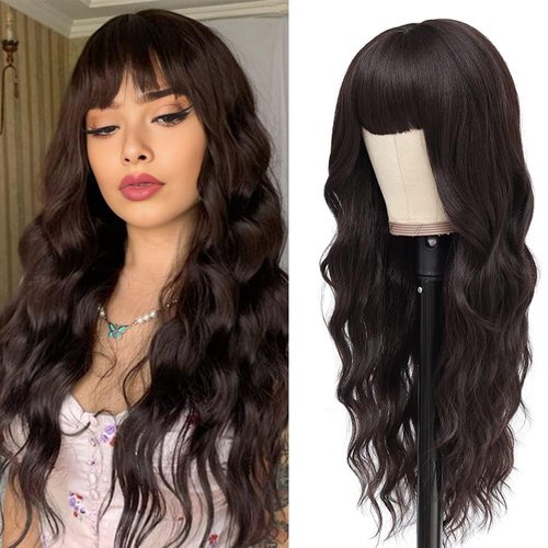 IFSUP Long Brown Wig with Bangs for women Long Wavy Dark Brown Curly Wigs Natural Looking Premium Protein Fiber Hair Replacement Wigs Cosplay Costume Halloween Wigs(26'' Brown)