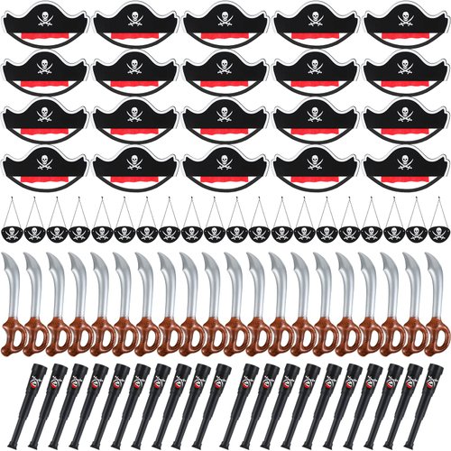 JaGely Pirate Party Set, 80 Pcs Caribbean Pirate Costume Includes 20 Hats, 20 Eye Patches, 20 Inflatable Swords, 20 Telescopes for Pirate Themed Parties, Halloween, Cosplay, Dress Up Games