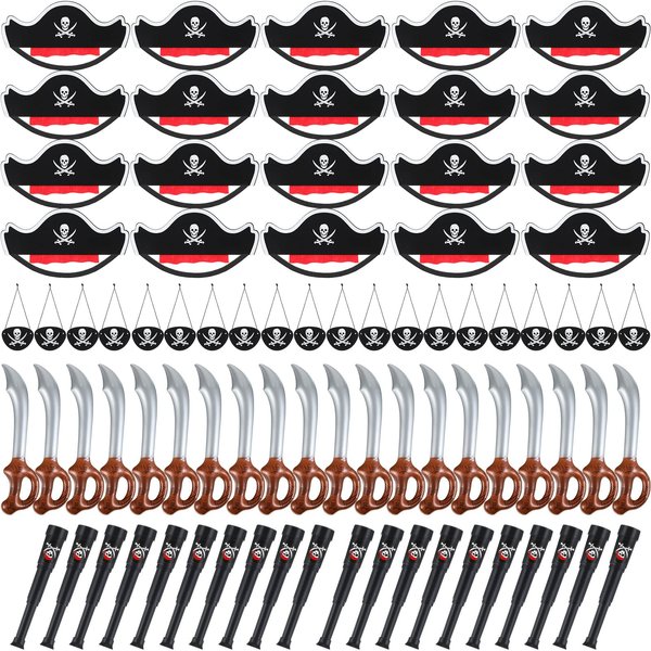 JaGely Pirate Party Set, 80 Pcs Caribbean Pirate Costume Includes 20 Hats, 20 Eye Patches, 20 Inflatable Swords, 20 Telescopes for Pirate Themed Parties, Halloween, Cosplay, Dress Up Games