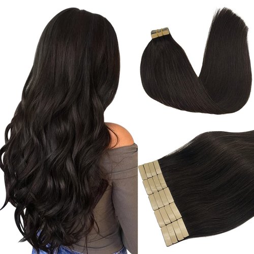 DOORES 20pcs Human Hair Extensions Tape in Remy Dark Brown Tape in Hair Extensions Real Hair Glue in Extensions Straight 50g 20 Inch