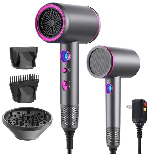 Dxliwky Professional Hair Dryer,1875 Watt High-Speed Ionic Blow Dryer with Diffuser/Concentrator/Comb Nozzle,LED Temp Display,Intelligent Temp Control,Low Noise for Home Salon Travel (Silvery)