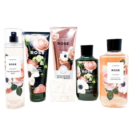 Bath & Body Works ROSE - Deluxe Gift Set- Fine Fragrance Mist, Body Cream, Moisturizing Body Wash, Shower Gel and Body Lotion with a Himalayan Salts Spring Sample Soap.