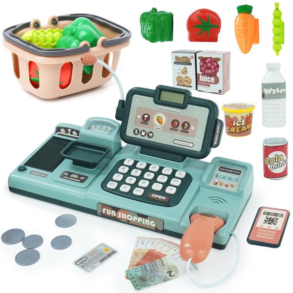 Cash Register Toy for Kids Role Play Shopping Cashier Pretend Playset with Sound Scanner Food Shopping Basket Play Money Credit Card Gift for Boys Girls 3 4 5 6 7 8 Years