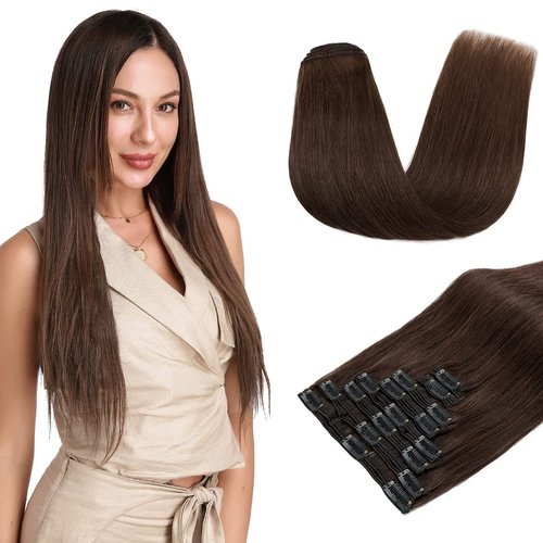 S-noilite Hair Extensions Clip in Human Hair 14 Inch Clip in Hair Extensions Medium Brown Hair Extensions Real Human Hair 8Pieces 120Grams Remy Hair Clip in Extensions Double Weft #4