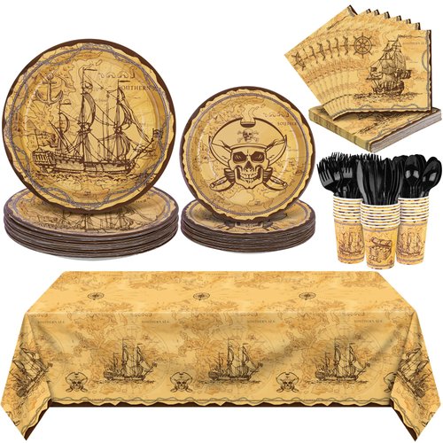 durony 169 Pieces Pirate Tableware Set Pirate Treasure Theme Birthday Party Supplies Pirate Plastic Tablecloth Plates Napkins Cups Favors for Treasure Theme Birthday Party, Treasure Map Party Decors