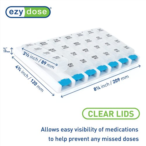 EZY DOSE Weekly (7-Day) Pill Case, Medicine Planner, Vitamin Organizer Box, 4 Times a Day, Small Removable Compartments, Covenient and Easy to Use, Color May Vary, Clear Lids, BPA Free