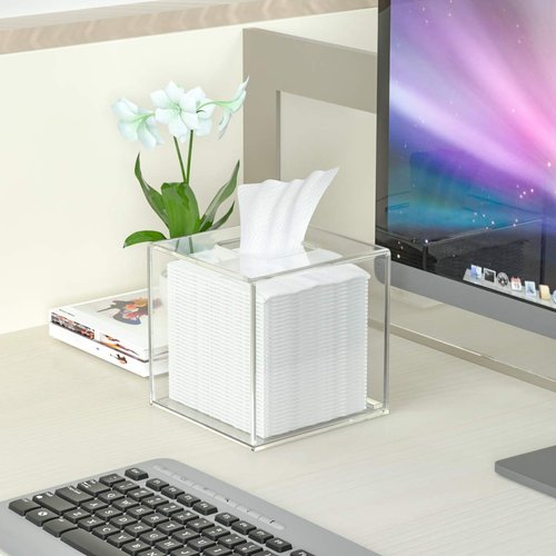 HIIMIEI Acrylic Tissue Box Cover 5.4x5.4x5.4'' Clear Tissue Holder Napkin Dispenser for Home Office Restaurant-Clear