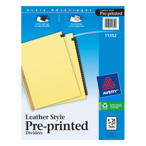 Avery Gold Reinforced Leather Tab Dividers, 31-Tab, 1-31, Letter Size, Black, 31 per Set (11352)