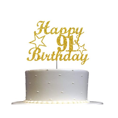 91 Birthday Cake Topper Gold Glitter, Party Decoration Ideas, Premium Quality, Sturdy Doubled Sided Glitter, Acrylic Stick. Made in USA (91st)