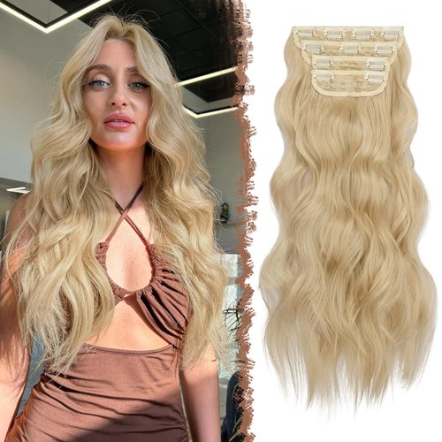 FESHFEN Clip in Hair Extensions 4 PCS Blonde Thick Highlighted Hairpieces Long Wavy Clip in Hair Piece Full Head Synthetic Hair Extension for Women, 20 Inch