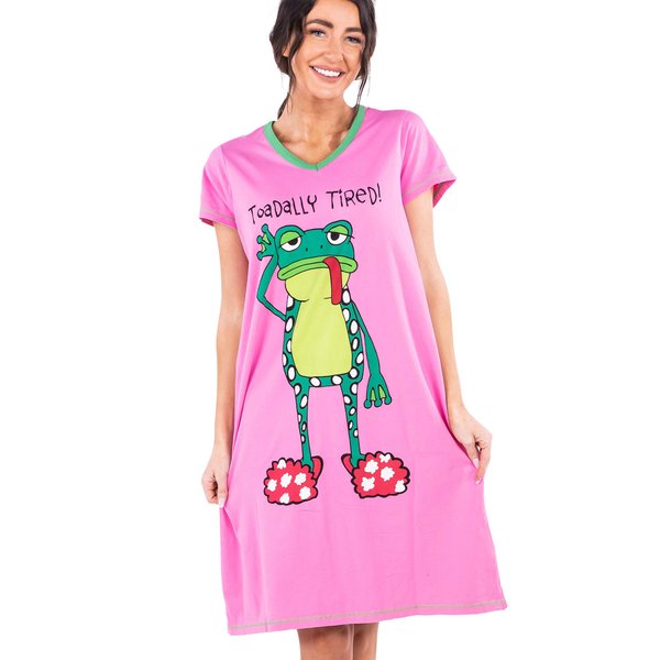 Lazy One Women's Nightgown, Funny V-Neck Sleep Shirt for Women (Toadally Tired, L/XL)