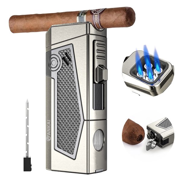 FANKAI Cigar Lighter 4 Torch Jet Flame, Cigar Punch, Cigar Holder, Cigar Draw Enhancer, Refillable Torch Lighter, Multi-Functional Cigar Accessories, Windproof Lighters for Smoking with Gift Box