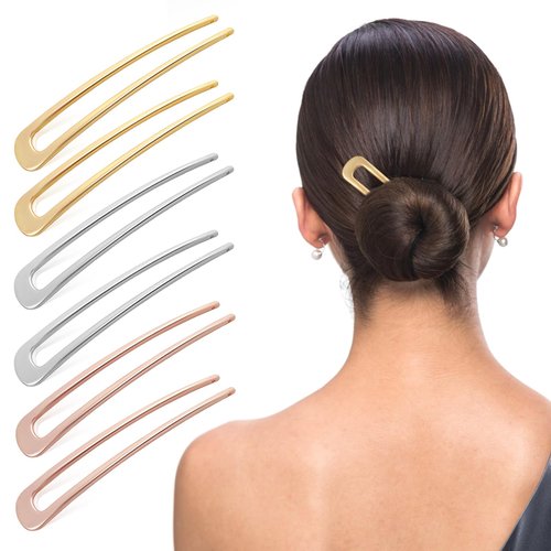 6 Pcs French Hair Pin U Shaped Hair Pins Metal Hairpin French Pin for Thick Hair Vintage French Twist Hair Pin For Buns Hair Fork Sticks French Pins for All Hair Styling (Gold Silver Rose Gold)