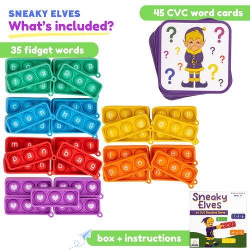 The Fidget Game Sneaky Elves CVC Sight Words Game, Mini Pop Sensory Toy to Learn and Spell, Educational Kindergarten Classroom Activities, Multisensory Reading and Phonics Flash Cards for 3+ Years