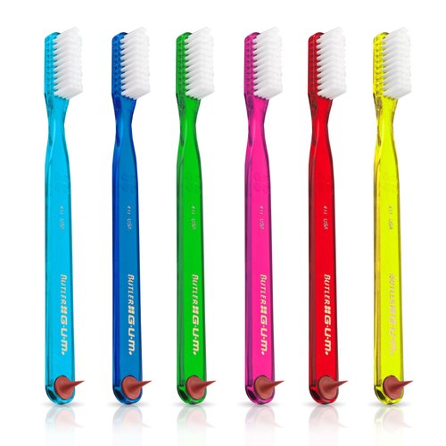 GUM Classic Soft Toothbrush, Full Head, Includes Rubber Tip Dental Pick 1 Count (Pack of 6)