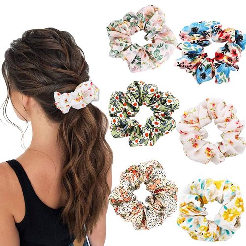 Jewemia Women's Floral Chiffon Hair Scrunchies - Elastic Rubber Bands for Thick Curly Hair, Flower Hair Ties and Accessories, Gift Set of 6