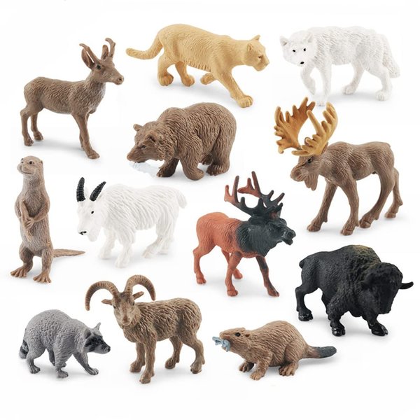 NatureMan North American Animals Set 12PCS Mini Wild Animals Figurines Set cludes Moose Raccoon Cougar, Wolf, Beaver for Children Educational Toy Cake Toppers