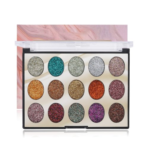Glitter Eye Shadow Palette, 15 Colors Face Bright High Pigmented Metallic Shimmer Sparkle Pressed Eyeshadow Long Lasting Makeup Palette for Show, Carnival,Party, Women's Day Gift for Women（02#）
