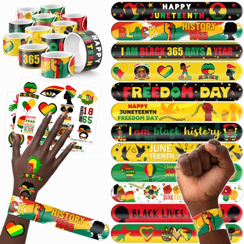 48 PCS Happy Juneteenth African Party Favors 24PCS Tattoos Stickers 24PCS Slap Bracelets Wristban...