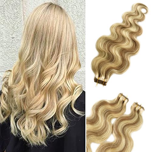 22" Blonde Tape in Hair Extensions Human Hair Golden Brown and Bleach Blonde Highlights 20pcc/60grams Skin Weft Remy Hair Tape in Extensions