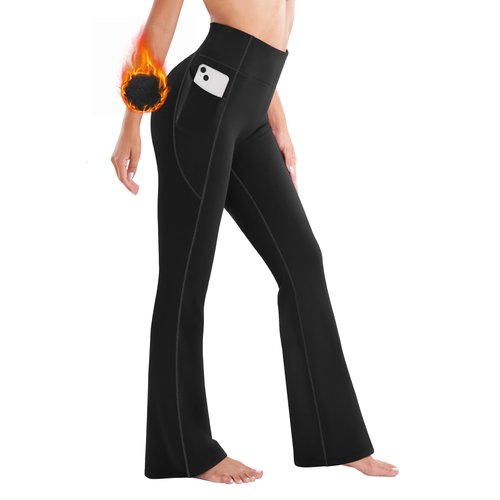 Ewedoos Fleece Lined Pants Women Thermal Pants with Pockets High Waist Warm Pants for Women Winter Flare Yoga Pants Black