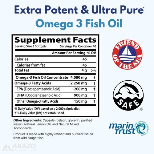 Arazo Nutrition Wild Caught Omega 3 Fish Oil – 120 Soft Gels – 4,080mg High EPA 1200mg DHA 900mg Lemon Flavor Burpless Softgels