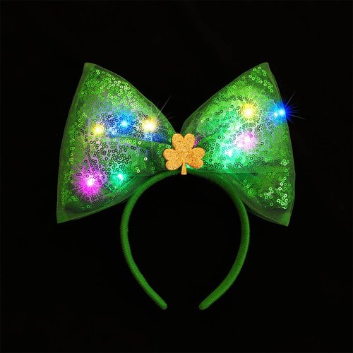 JONKY St Patricks Day Headband Light Up Green Bow Hair Band LED Irish Headbands Shamrock Costume ...