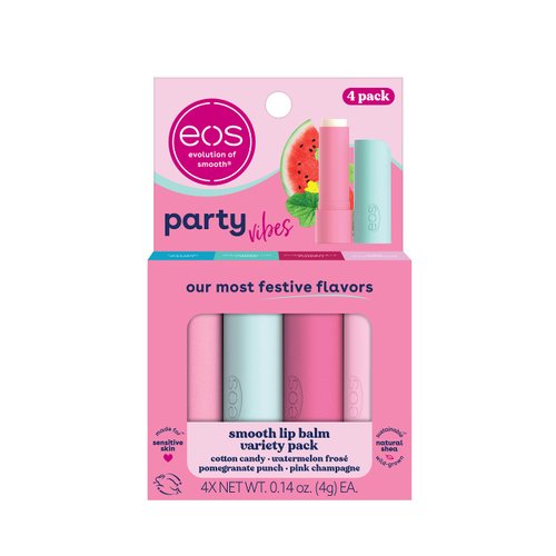 eos Party Vibes Lip Balm Variety Pack- Cotton Candy, Watermelon Frosé, Pomegranate Punch & Pink Champagne, All-Day Moisture Lip Care Products, 0.14 oz, 4-Pack