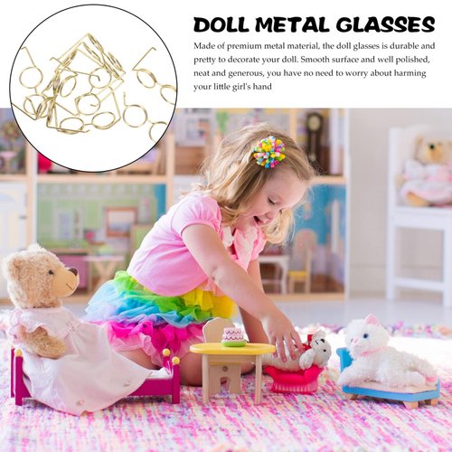 NUOBESTY 10pcs Mini Doll Glasses Metal Wire Rim Frameless Lens Doll Dress up Eyeglasses for Dolls Costume Accessories(Golden)