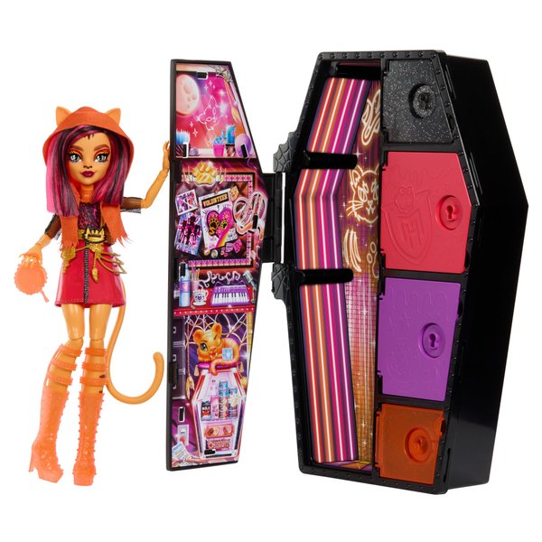 Monster High Skulltimate Secrets Neon Frights Doll & Accessories, Toralei Stripe with Dress-Up Locker & 19+ Surprises