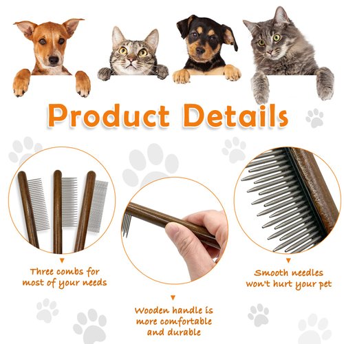 ZKKZOMA 3 Pack Solid Wood Cat Combs,Flea Lice Comb with Rounded Stainless Steel Teeth for Cat Dog Rabbit Massage Removes Mats, Tangles and Loose Fur,Grooming Comb for Cat/Dog/Small Medium Pets
